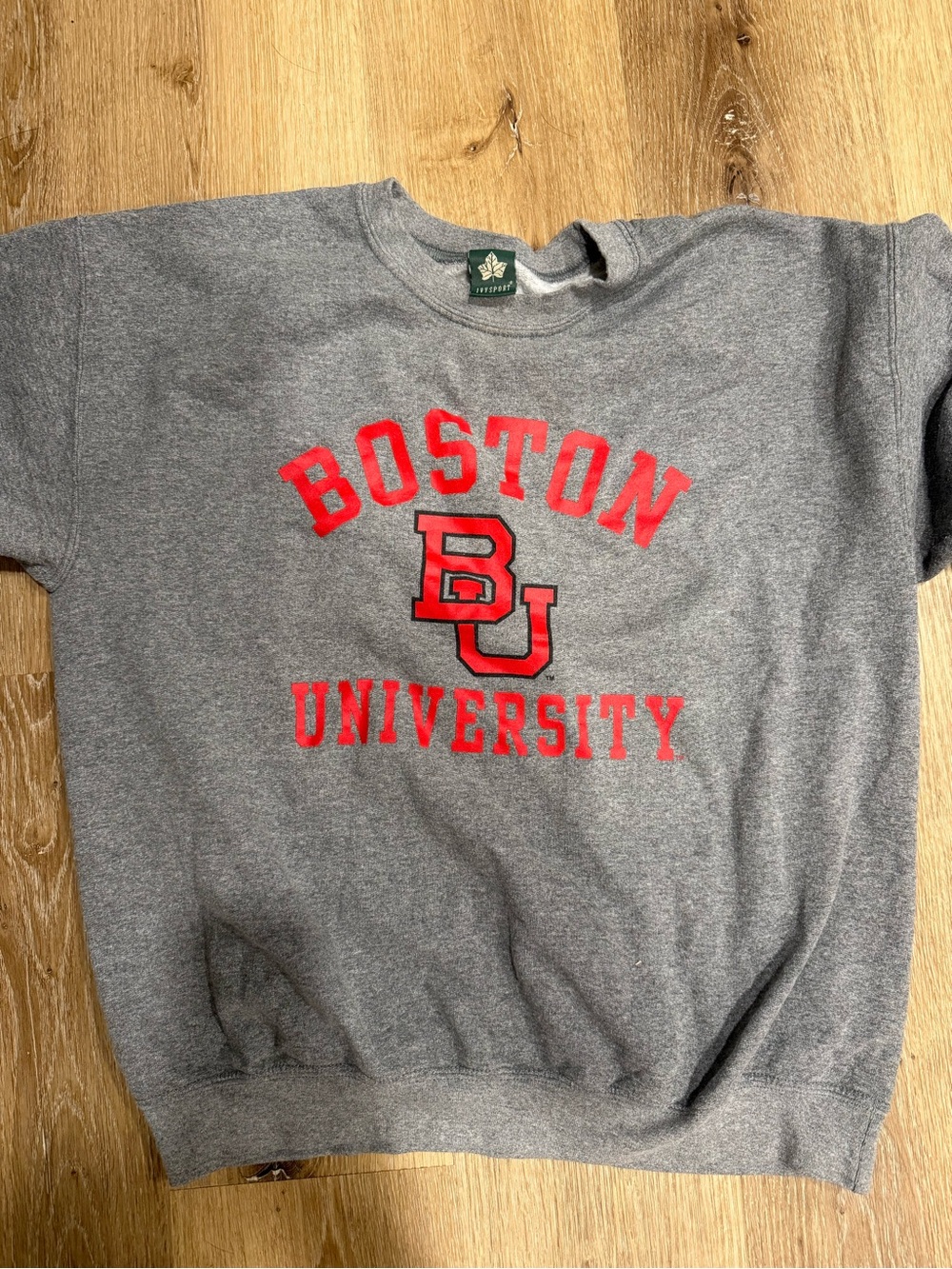 Gray Crewneck Sweatshirt with Red Boston University Lettering